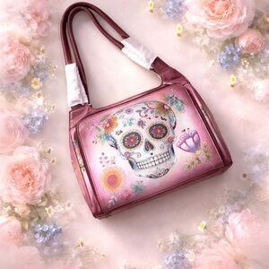 Anuschka Pink Floral Sugar Skull Shoulder Bag